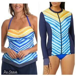 24th & Ocean Retro Bandeaukini, bottoms and Rashguard with Zipper Set S NWT